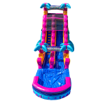 Colorful inflatable water slide with palm tree decorations, a central ladder for climbing, and a splash pool at the bottom. The slide is blue with pink and yellow accents.