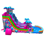 Colorful inflatable water slide decorated with tropical patterns, flowers, and palm trees, featuring a tall slide that curves into a shallow pool at the bottom on a white background.