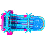 Top-down view of a colorful inflatable obstacle course with blue, pink, and turquoise sections, including star-shaped decorations and two slide lanes.