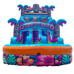 A colorful inflatable water slide decorated with tropical patterns, palm trees, and vibrant flowers, featuring two blue slides leading into an orange and floral splash pool at the bottom.