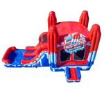 A large inflatable bounce house and water slide in red, white, and blue with the words "Red, White, and Cool" on the front, decorated with stars and stripes, resembling a patriotic American theme.