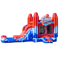 Red, white, and blue inflatable bounce house with a slide and "Red, White and Cool" sign on top, designed with popsicle and patriotic patterns.